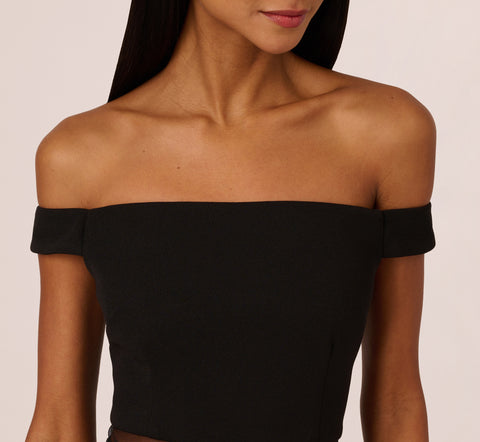 Off The Shoulder Sheath Dress With Sheer Panel Details In Black