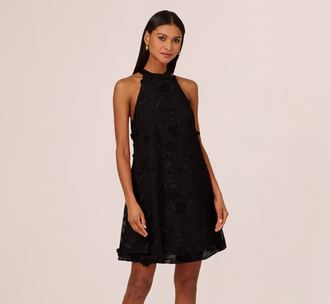 3D Floral Embroidered Trapeze Dress With Open Bow Back In Black