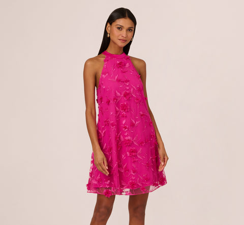 3D Floral Embroidered Trapeze Dress With Open Bow Back In Cosmo Pink