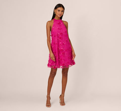 3D Floral Embroidered Trapeze Dress With Open Bow Back In Cosmo Pink