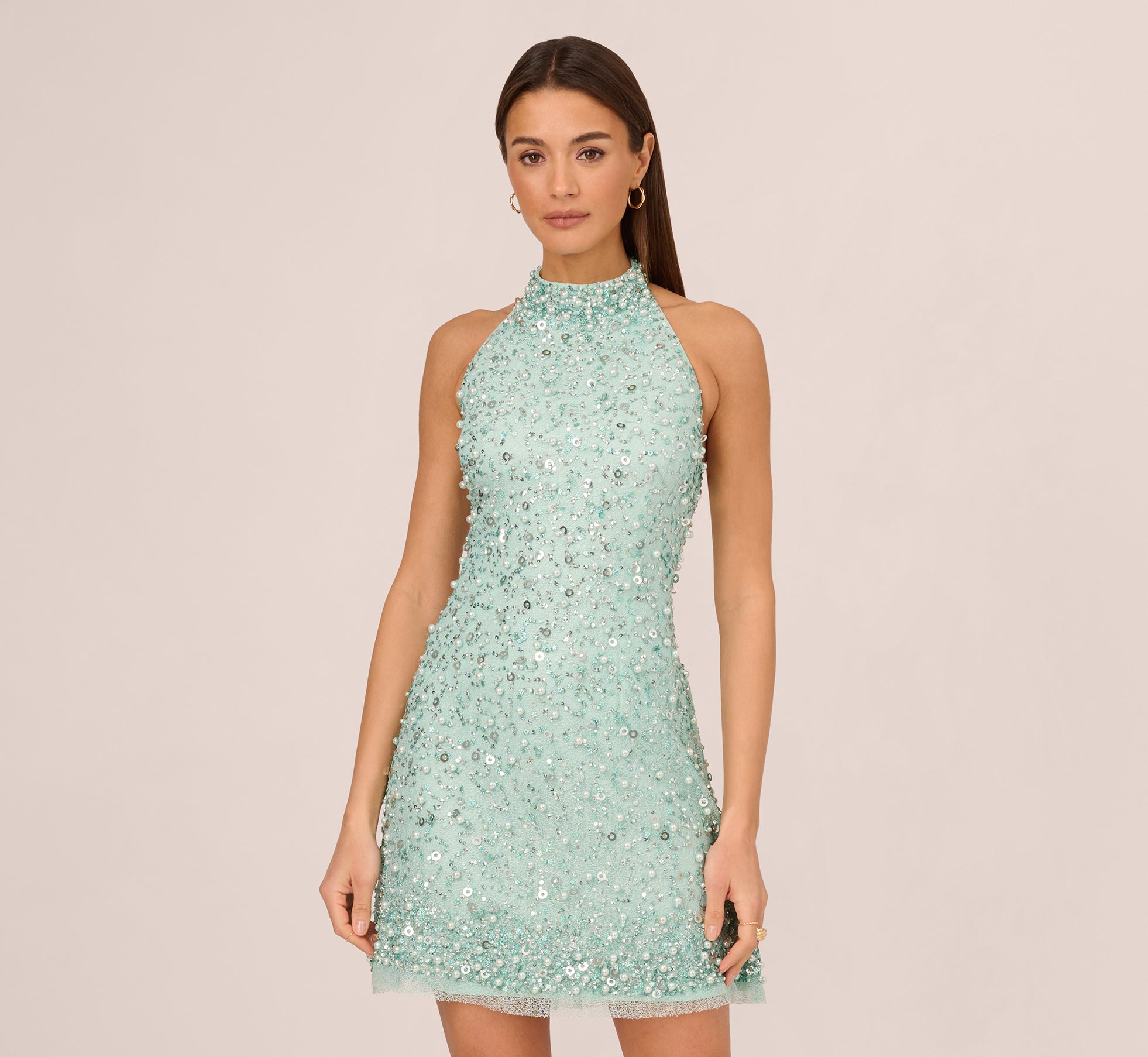 Beaded Halter Swing Dress With Mock Neck In Fresh Mint