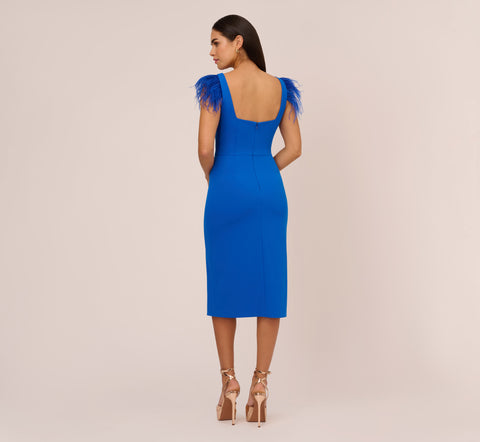 Knit Crepe Midi Dress With Feather Shoulder Accents In Dark Cobalt