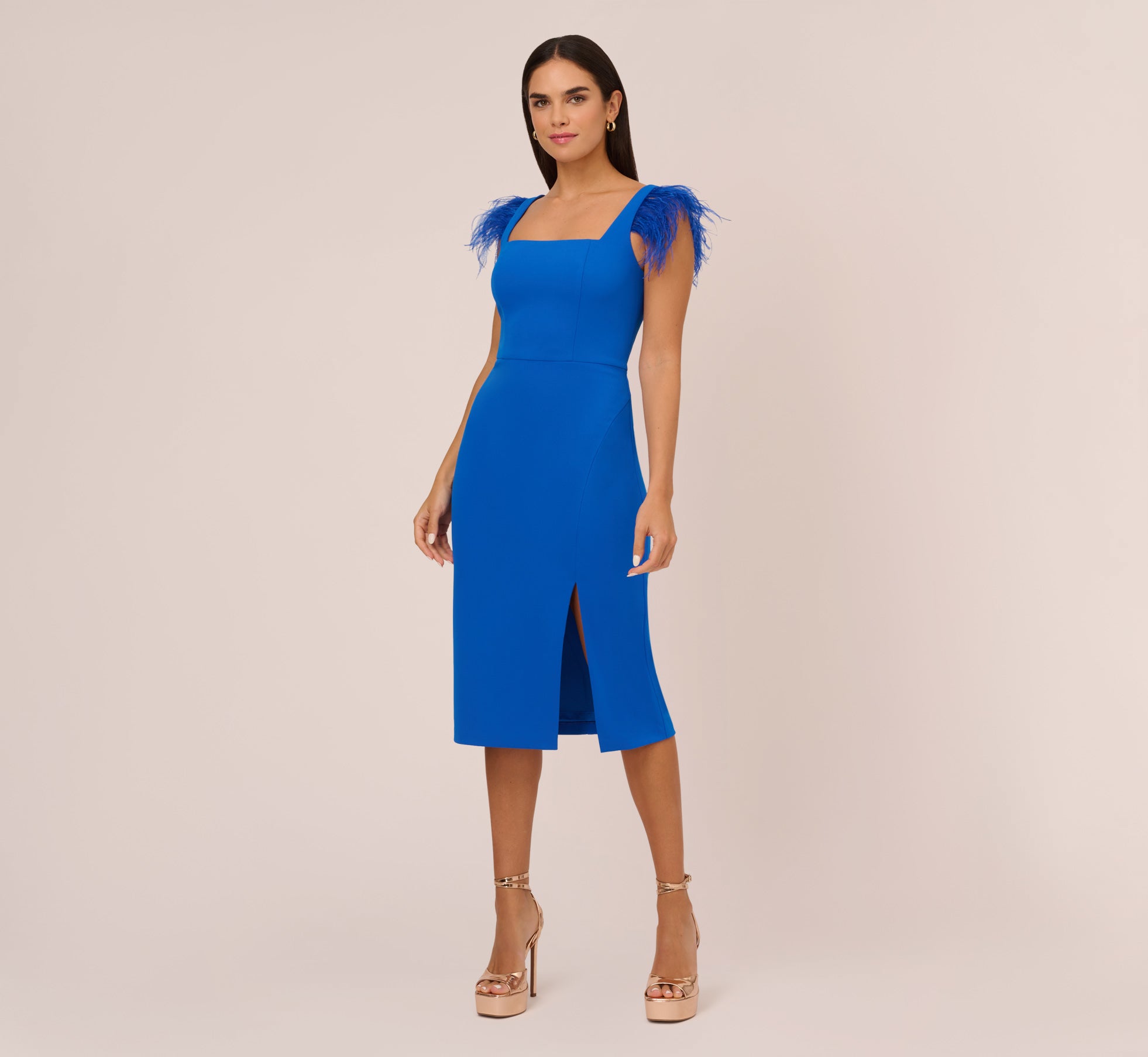 Knit Crepe Midi Dress With Feather Shoulder Accents In Dark Cobalt 1