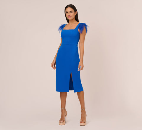 Knit Crepe Midi Dress With Feather Shoulder Accents In Dark Cobalt