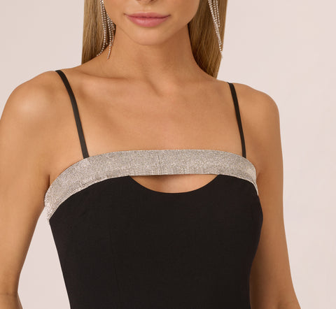 Crepe Dress With Spaghetti Straps And Rhinestone Neckline In Black