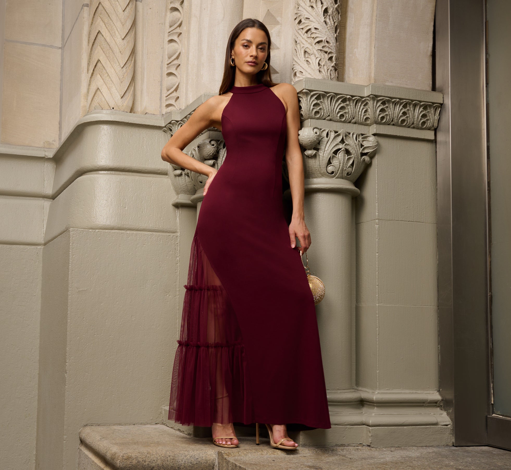 Crepe Halter Gown With Sheer Ruffled Mesh Skirt In Blackened Red 1