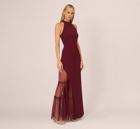 Crepe Halter Gown With Sheer Ruffled Mesh Skirt In Blackened Red