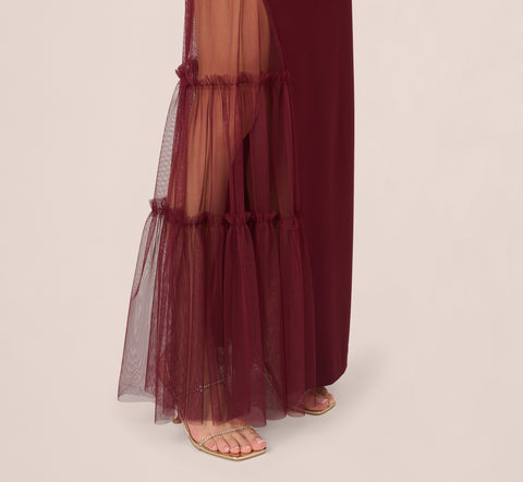 Crepe Halter Gown With Sheer Ruffled Mesh Skirt In Blackened Red