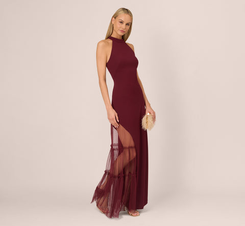 Crepe Halter Gown With Sheer Ruffled Mesh Skirt In Blackened Red