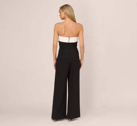 Colorblock Crepe Strapless Jumpsuit With Bow Accent In Black White