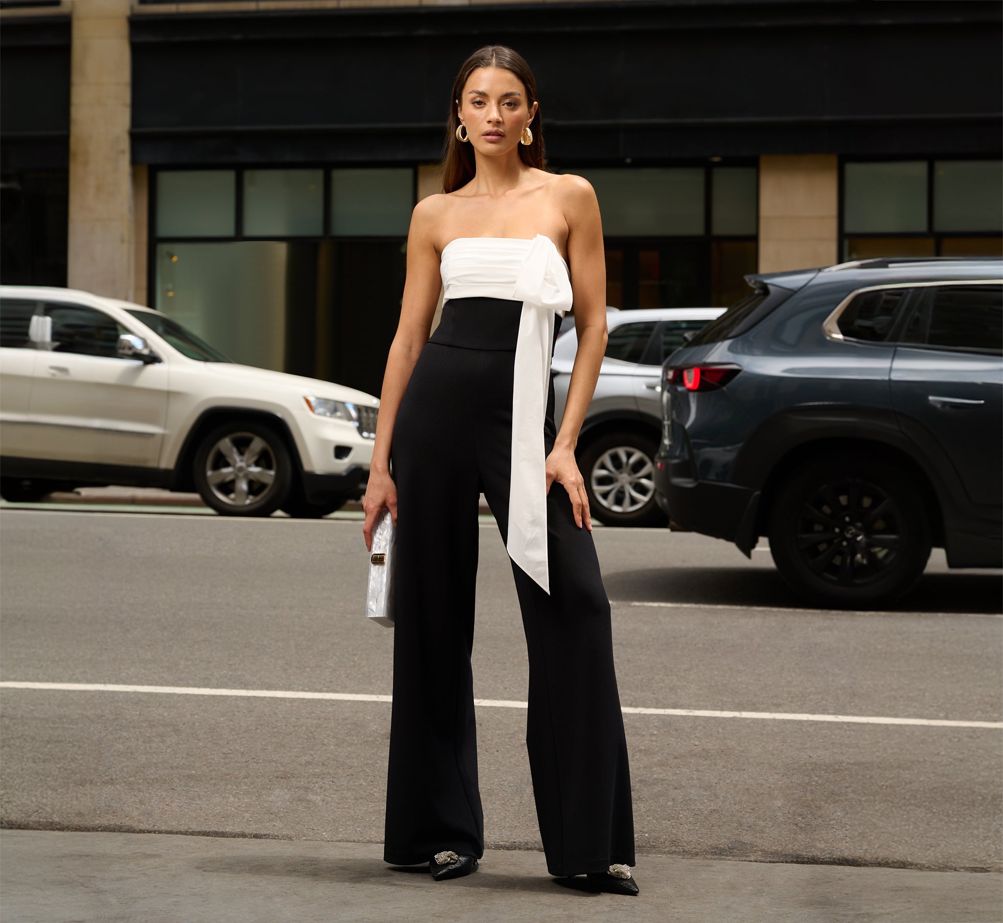 Colorblock Crepe Strapless Jumpsuit With Bow Accent In Black White 1