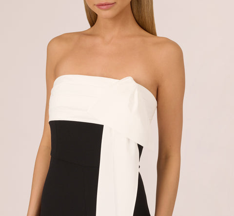 Colorblock Crepe Strapless Jumpsuit With Bow Accent In Black White