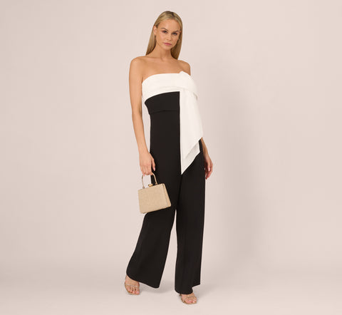 Colorblock Crepe Strapless Jumpsuit With Bow Accent In Black White