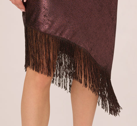 Foiled One Shoulder Asymmetrical Dress With Fringe Hem In Blackened Red