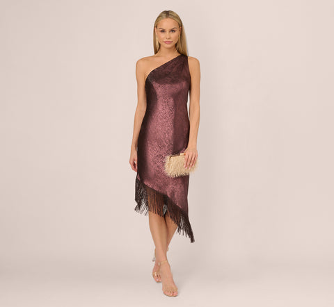 Foiled One Shoulder Asymmetrical Dress With Fringe Hem In Blackened Red