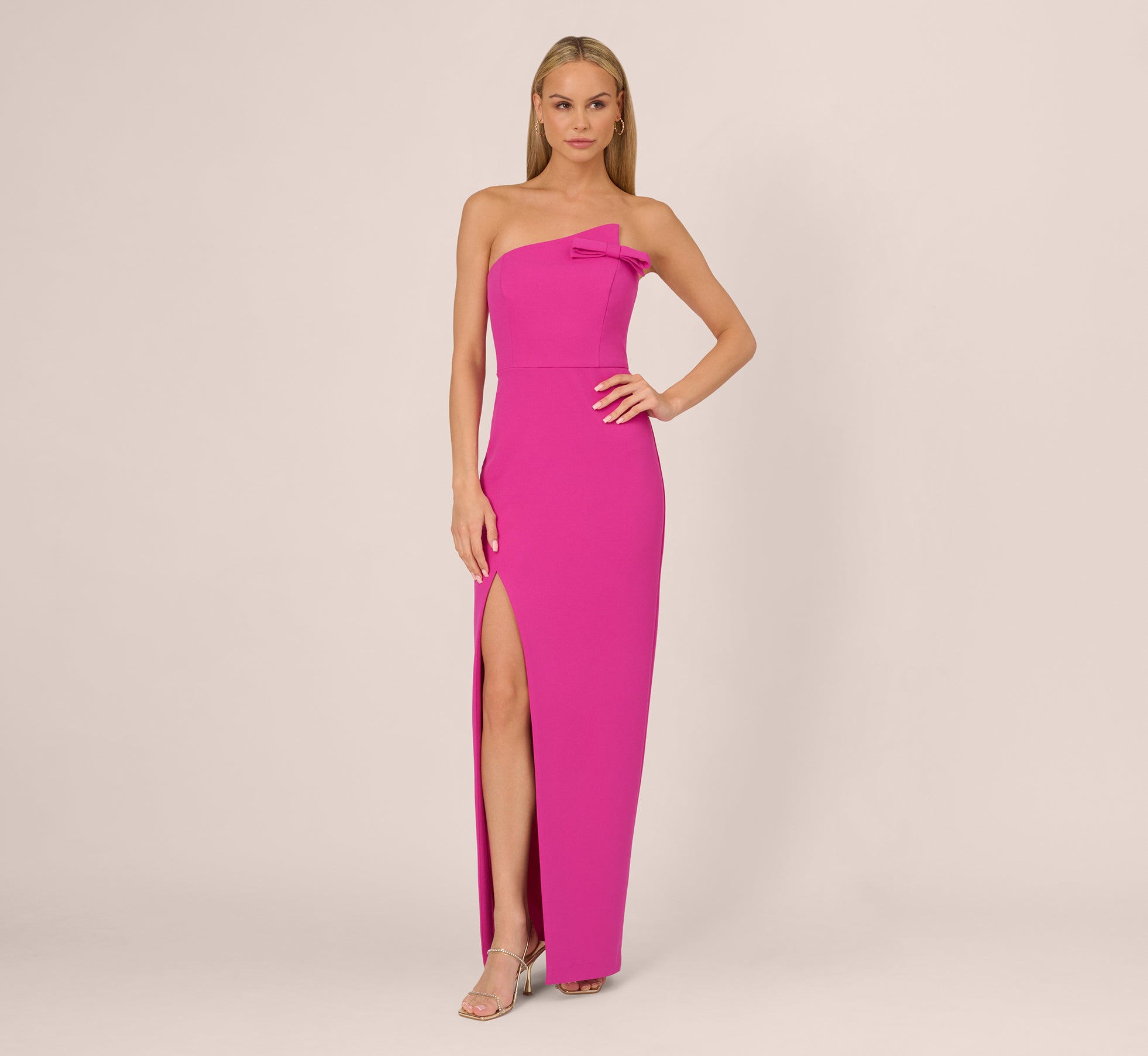 Knit Crepe Strapless Gown With Asymmetrical Neckline In Electric Passion 1