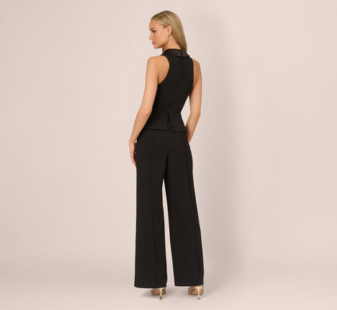 Knit Crepe Tuxedo Jumpsuit With Halter Neckline In Black