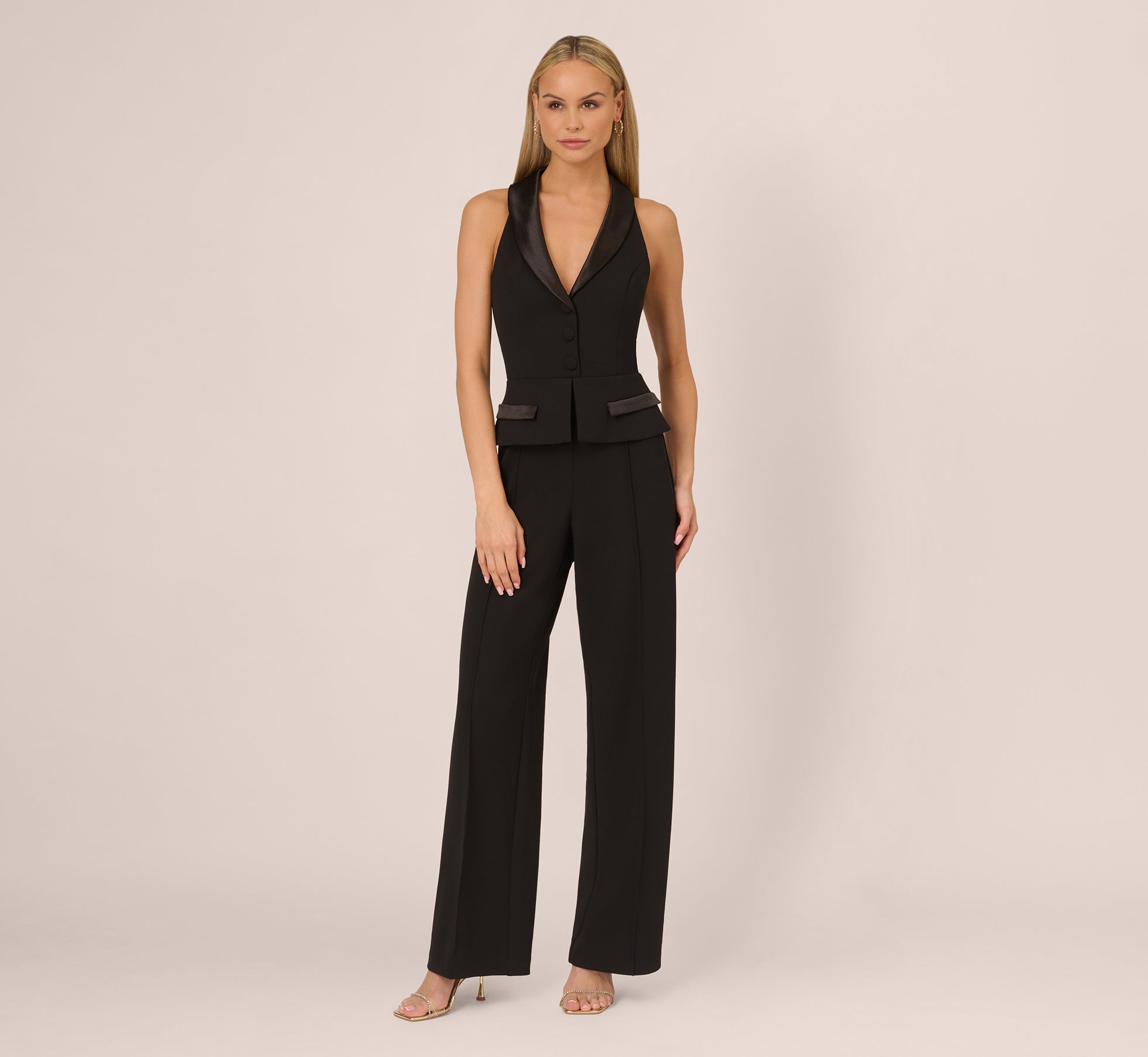 Knit Crepe Tuxedo Jumpsuit With Halter Neckline In Black 1