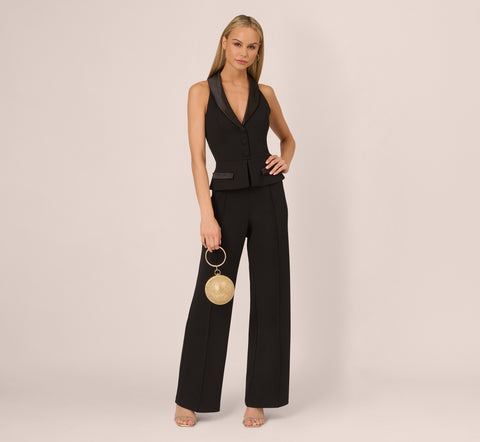 Knit Crepe Tuxedo Jumpsuit With Halter Neckline In Black