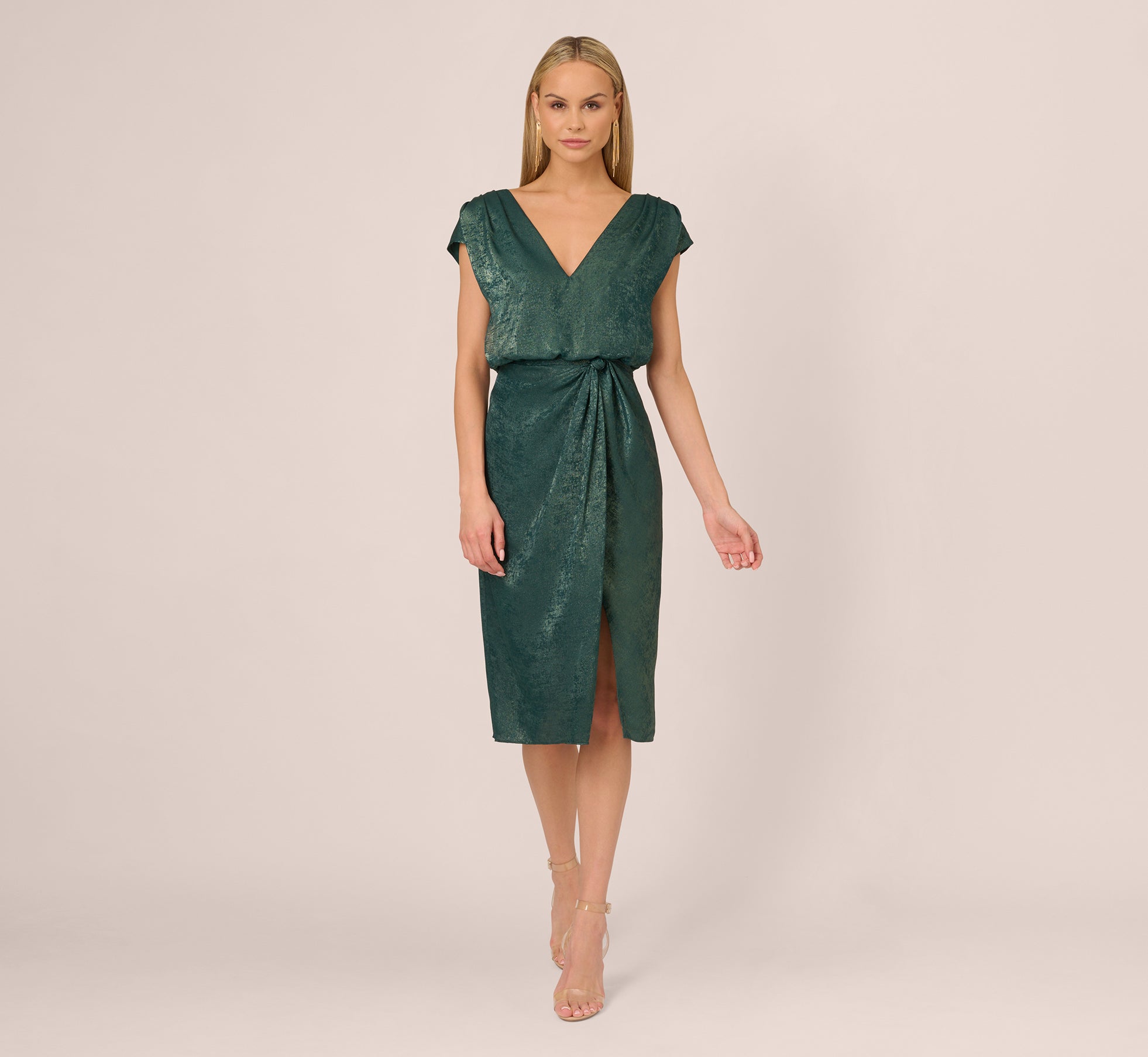 Foil Blouson Midi Dress With Faux Wrap Skirt In Dark Ivy 1