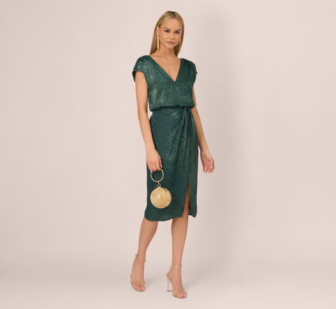 Foil Blouson Midi Dress With Faux Wrap Skirt In Dark Ivy