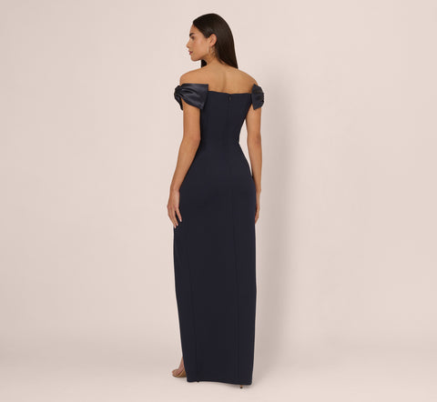 Off The Shoulder Crepe Column Gown With Bow Accents In Twilight