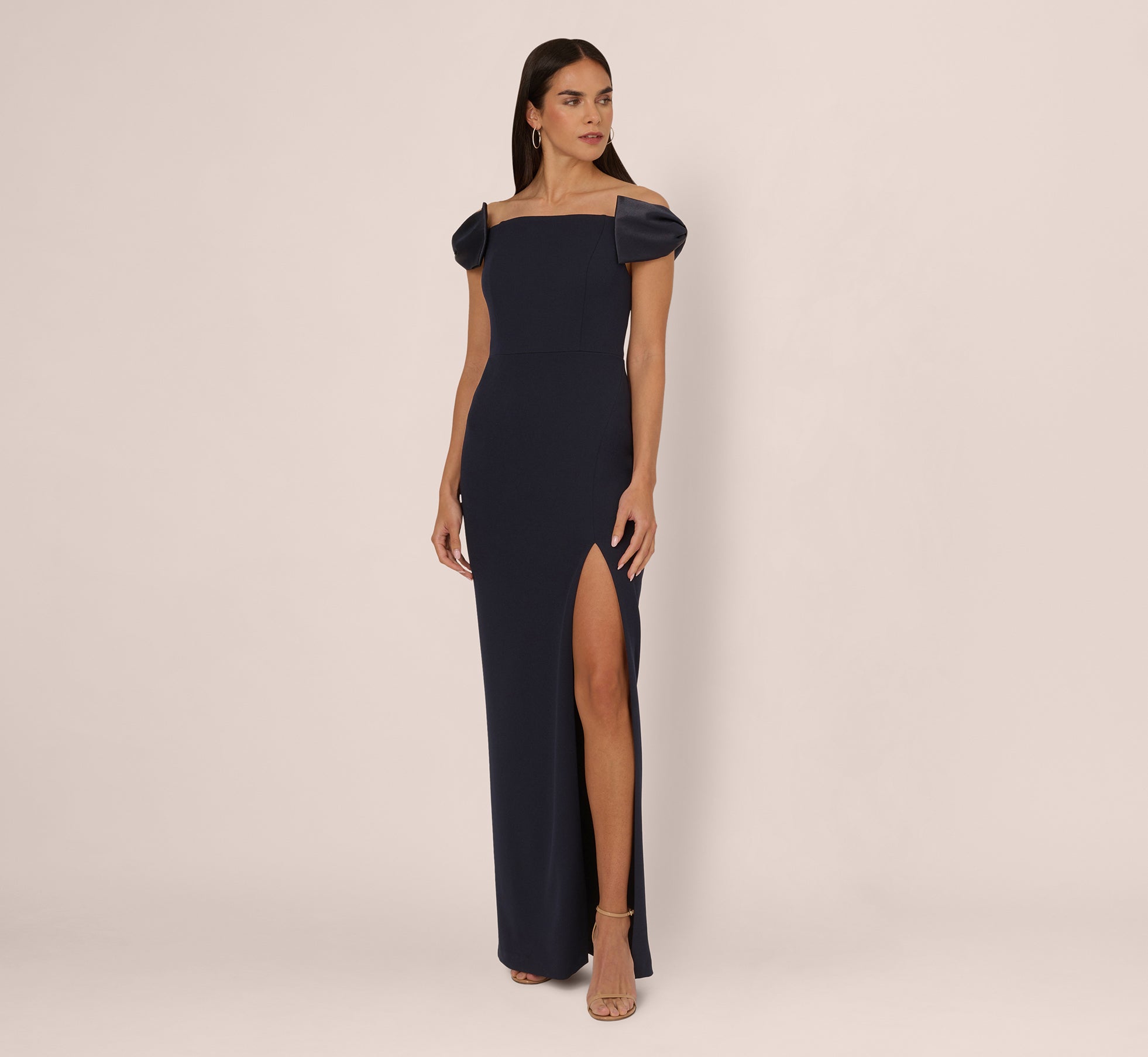 Off The Shoulder Crepe Column Gown With Bow Accents In Twilight 1