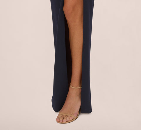 Off The Shoulder Crepe Column Gown With Bow Accents In Twilight