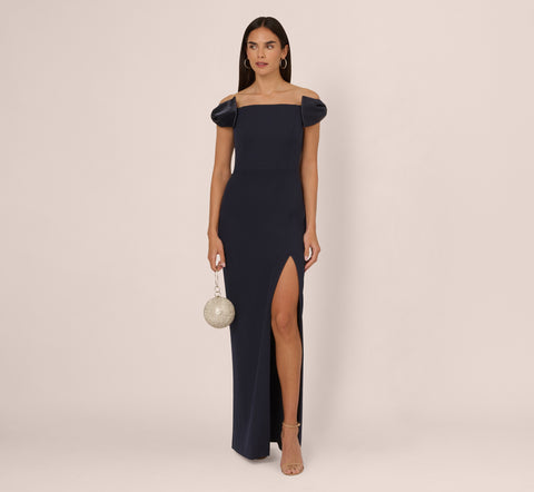 Off The Shoulder Crepe Column Gown With Bow Accents In Twilight