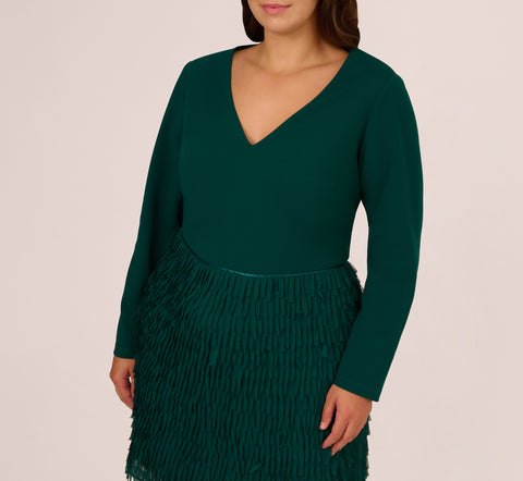 Plus Size Combo Fabric Fringe Mini Dress In Dark Ivy