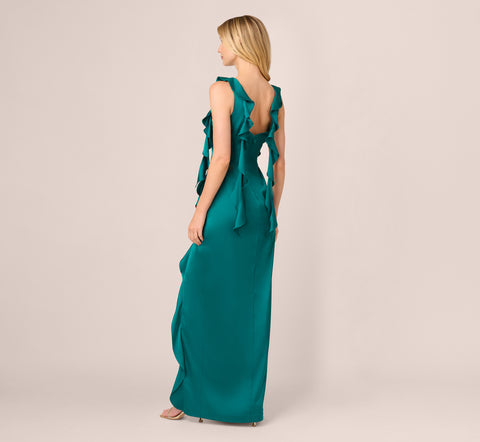 Stretch Satin Ruffle Long Dress In Deep Emerald