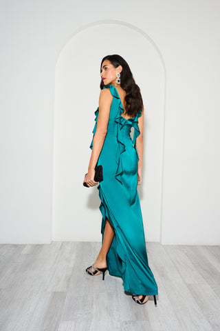 Stretch Satin Ruffle Long Dress In Deep Emerald