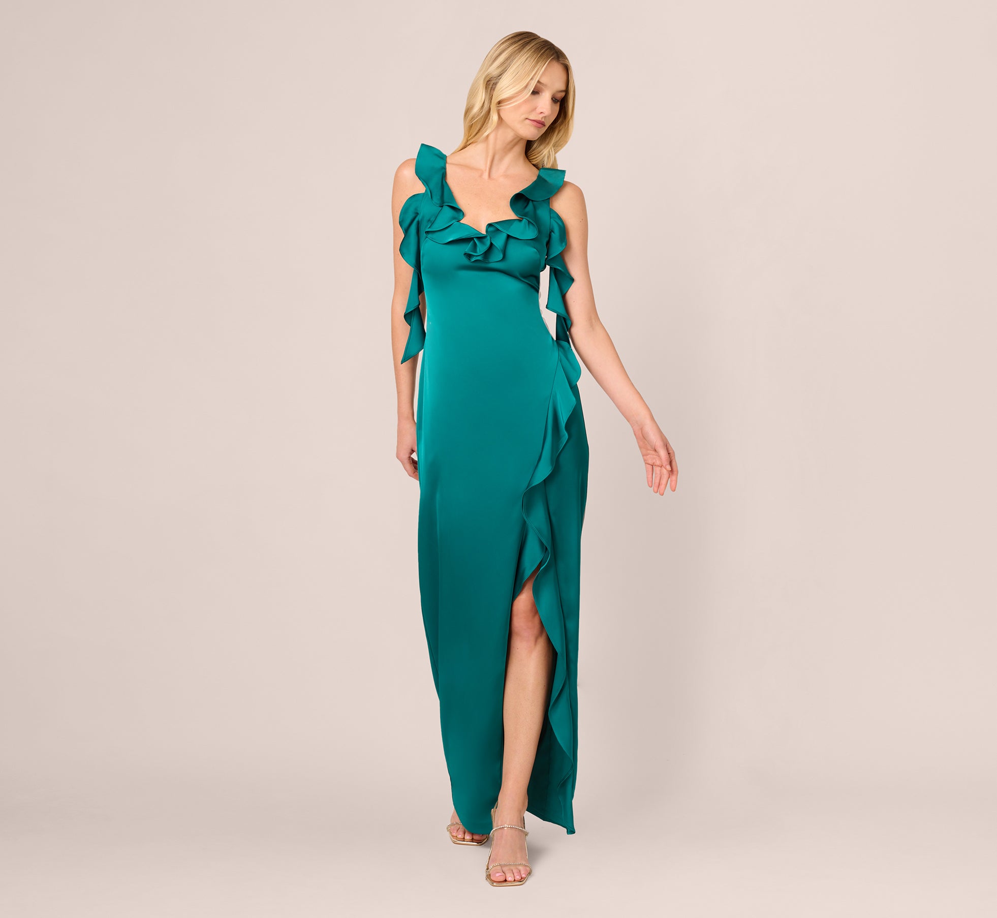 Stretch Satin Ruffle Long Dress In Deep Emerald 1