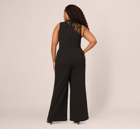 Plus Size Sleeveless Wide Leg Jumpsuit With Lace Neckline In Black