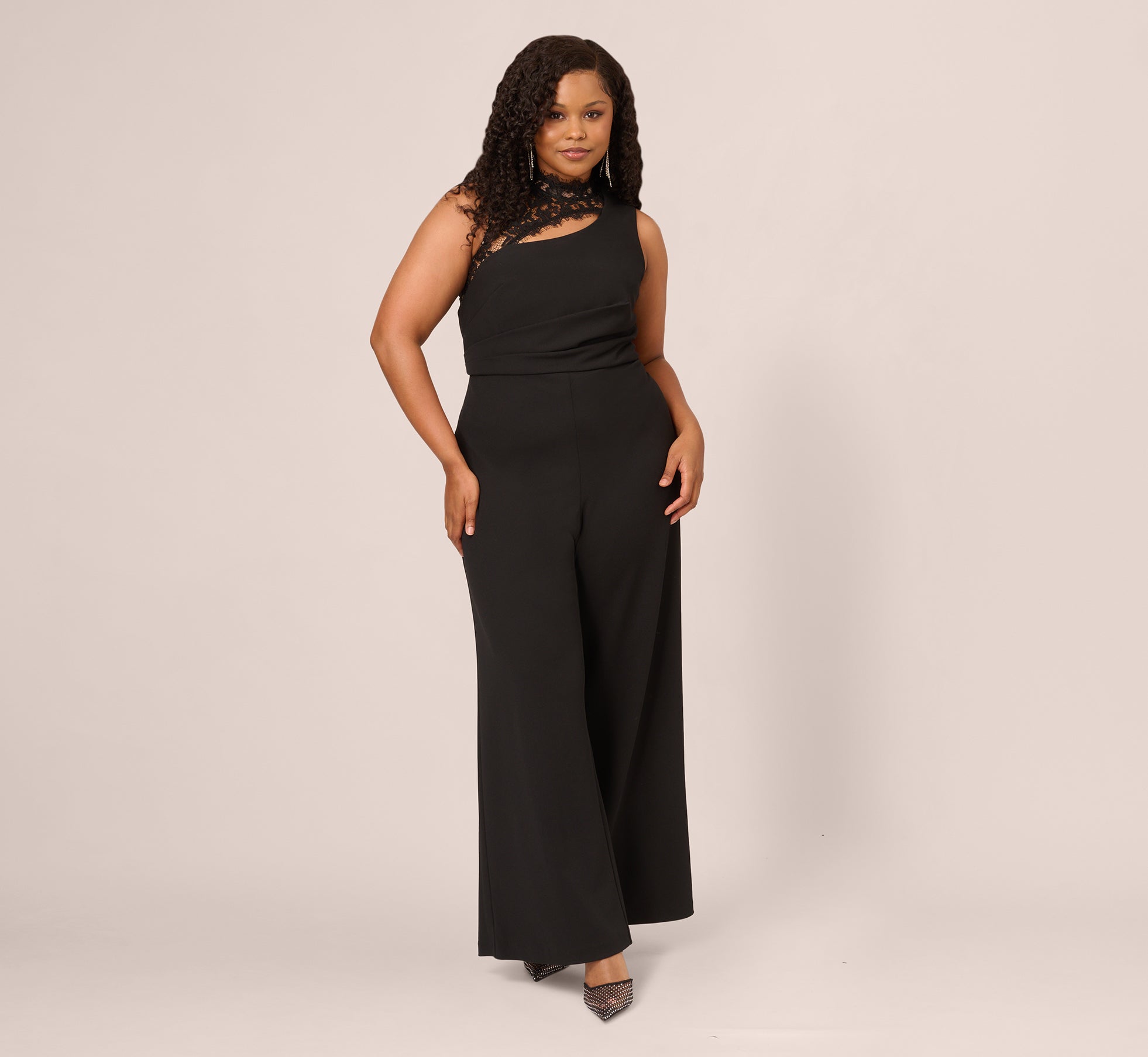 Plus Size Sleeveless Wide Leg Jumpsuit With Lace Neckline In Black 1