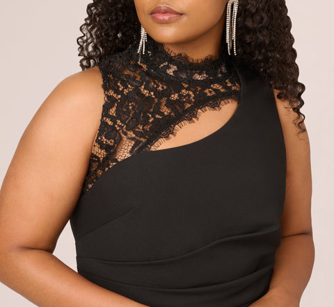 Plus Size Sleeveless Wide Leg Jumpsuit With Lace Neckline In Black Adrianna Papell