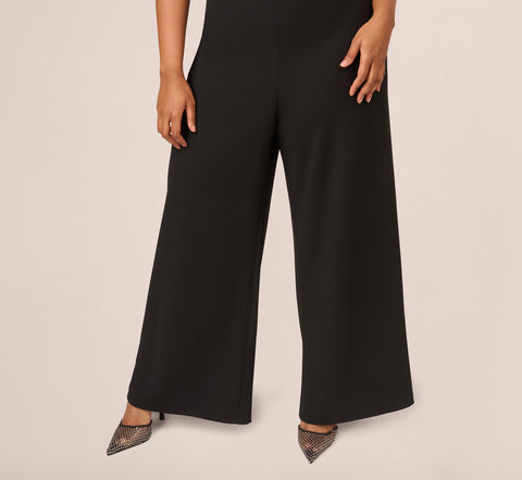 Plus Size Sleeveless Wide Leg Jumpsuit With Lace Neckline In Black