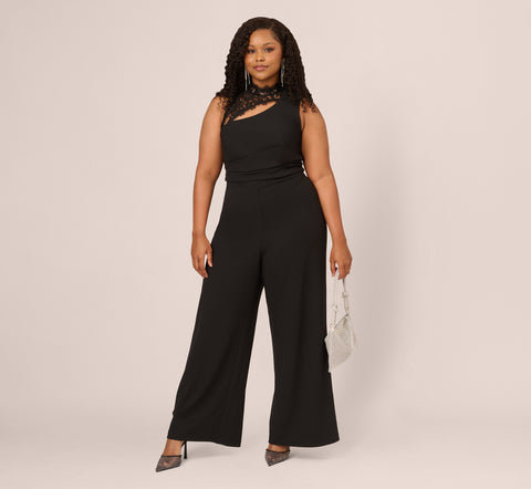 Plus Size Sleeveless Wide Leg Jumpsuit With Lace Neckline In Black