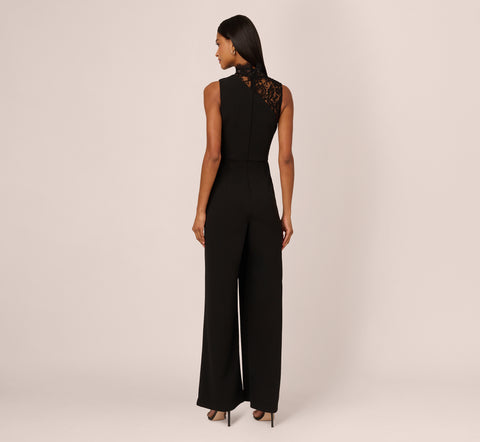 Sleeveless Wide Leg Jumpsuit With Lace Neckline In Black