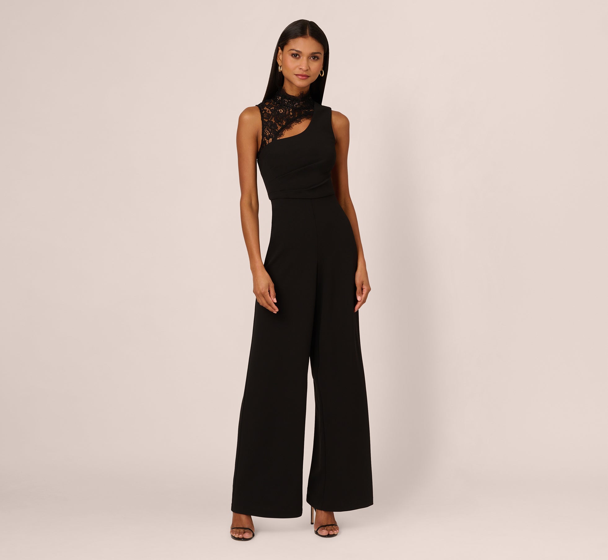 Sleeveless Wide Leg Jumpsuit With Lace Neckline In Black 1