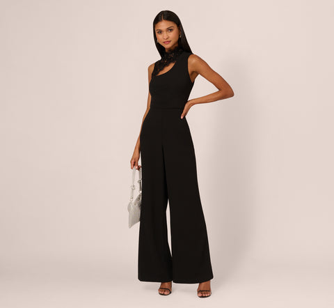 Sleeveless Wide Leg Jumpsuit With Lace Neckline In Black