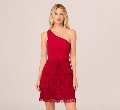 One Shoulder Fringe Mini Dress In Matador Red