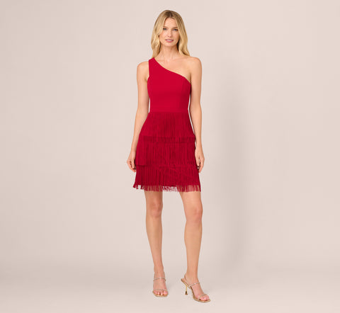 One Shoulder Fringe Mini Dress In Matador Red