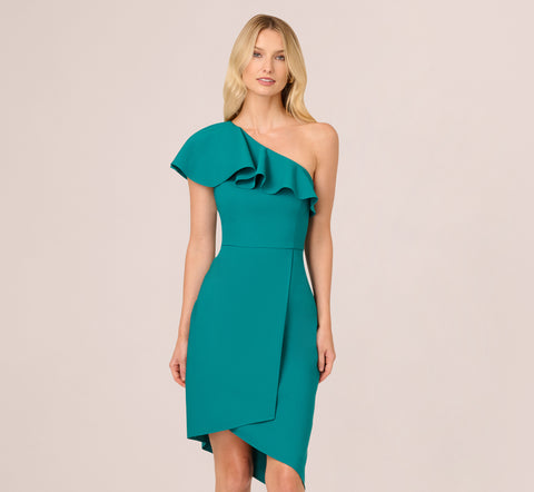 One Shoulder Stretch Crepe Short Dress In Deep Emerald