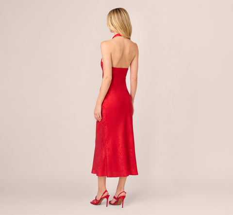 Foil Woven Halter Midi Dress In Red