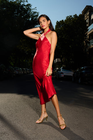 Foil Woven Halter Midi Dress In Red