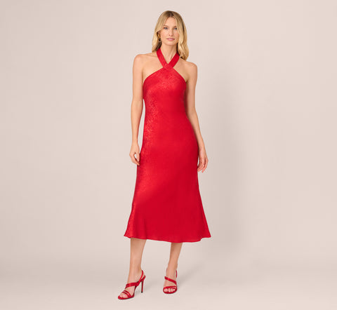 Foil Woven Halter Midi Dress In Red