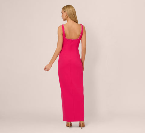 Sleeveless Beaded Plunge Neck Gown In Geranium