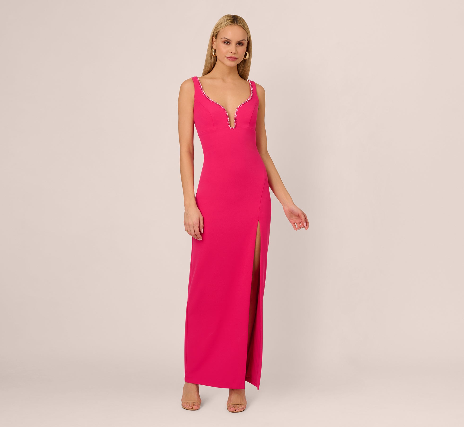 Sleeveless Beaded Plunge Neck Gown In Geranium 1