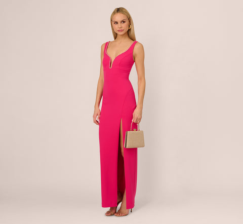 Sleeveless Beaded Plunge Neck Gown In Geranium